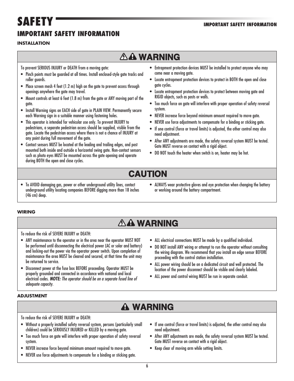 Important safety information, Safety | LiftMaster CSW24V High-Cycle Commercial DC Swing Gate Operator User Manual | Page 8 / 52