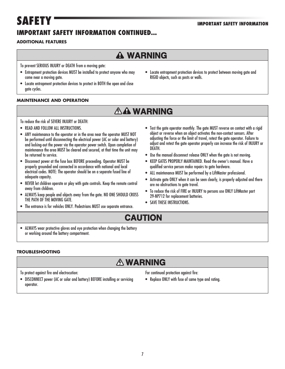 Safety, Important safety information continued | LiftMaster CSW24V High-Cycle Commercial DC Swing Gate Operator User Manual | Page 9 / 52