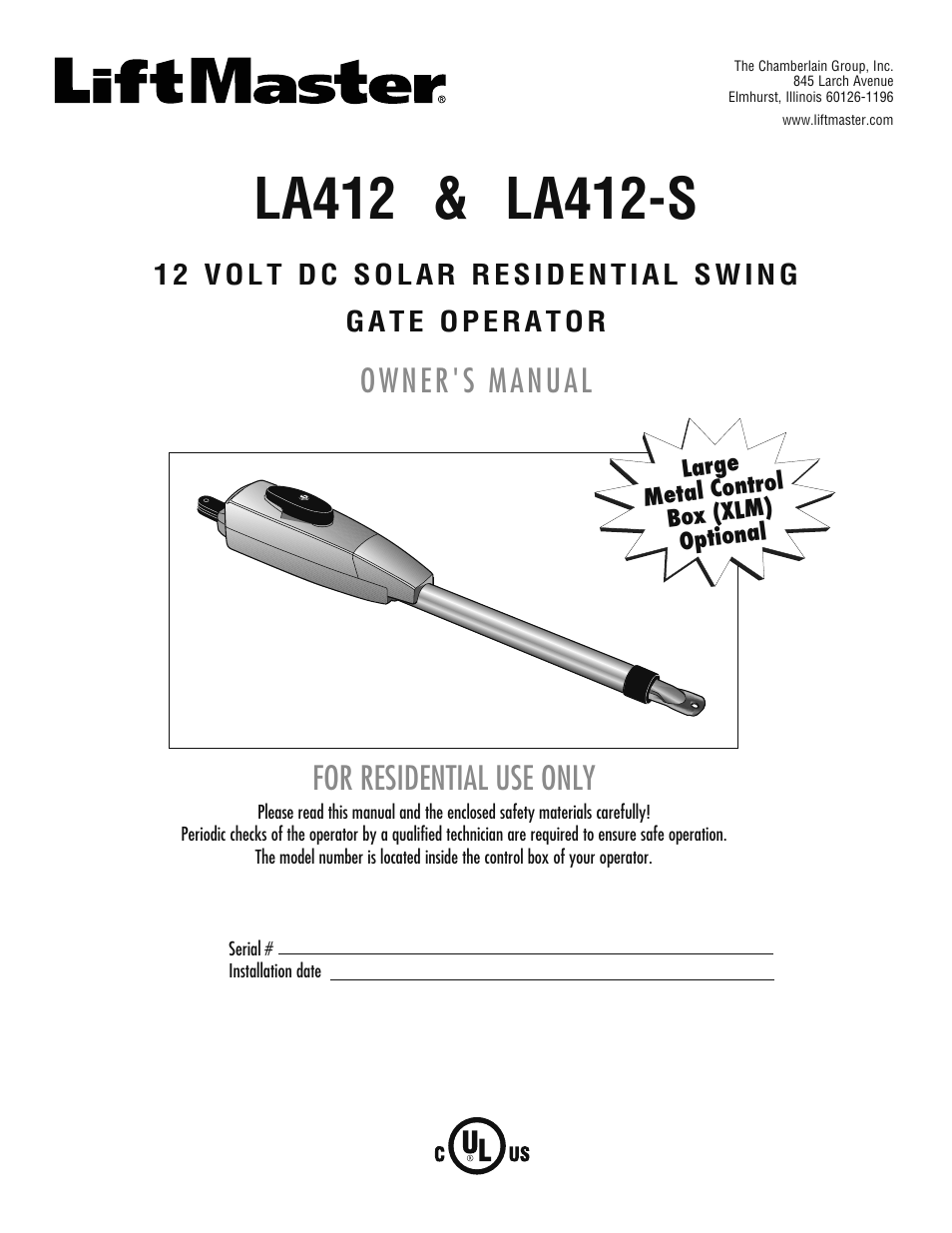 LiftMaster LA412 Solar Powered Residential Gate Operator User Manual | 44 pages