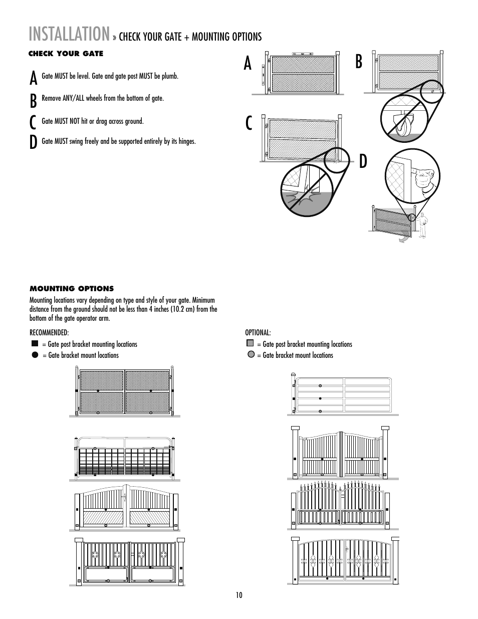 Check your gate, Mounting options, Installation | LiftMaster LA412 Solar Powered Residential Gate Operator User Manual | Page 11 / 44