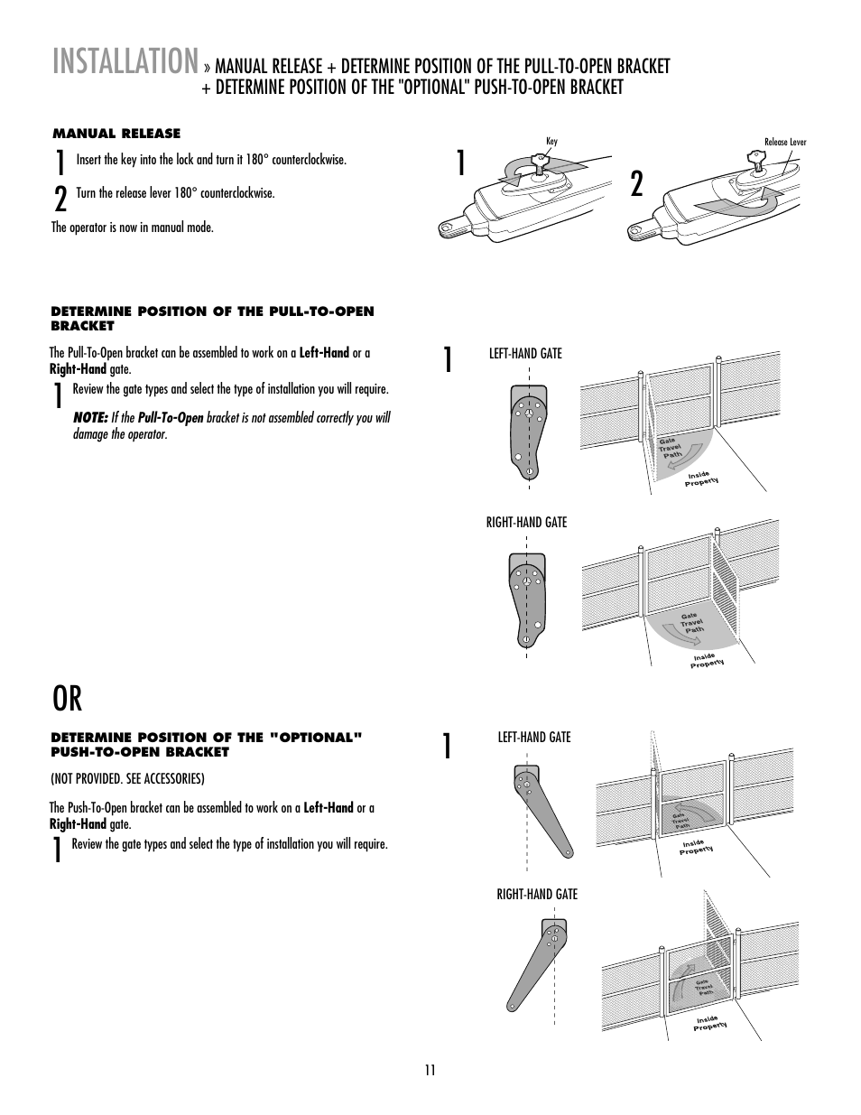 Manual release, Determine position of the pull-to-openbracket, Installation | LiftMaster LA412 Solar Powered Residential Gate Operator User Manual | Page 12 / 44