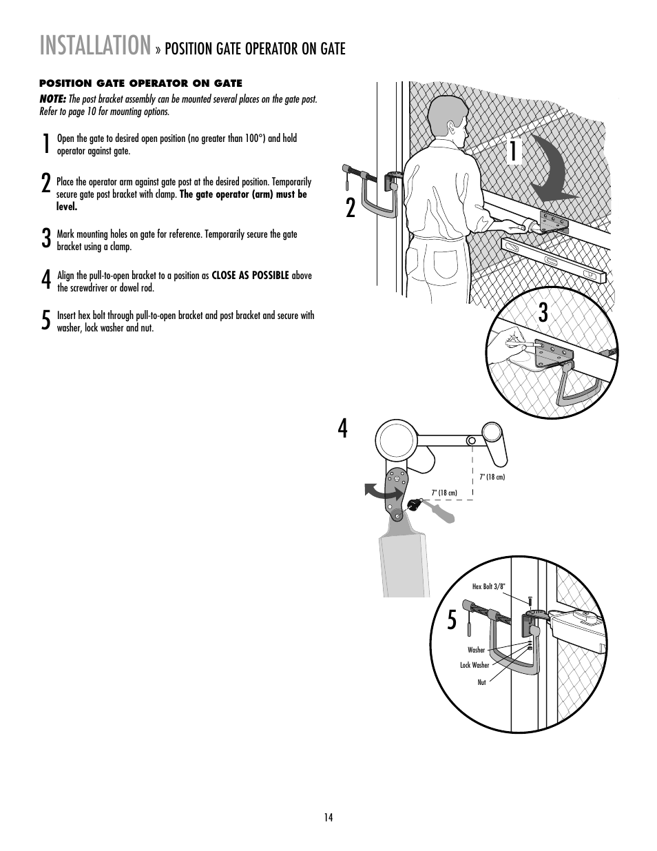 Position gate operator on gate, 21 2 4 installation | LiftMaster LA412 Solar Powered Residential Gate Operator User Manual | Page 15 / 44