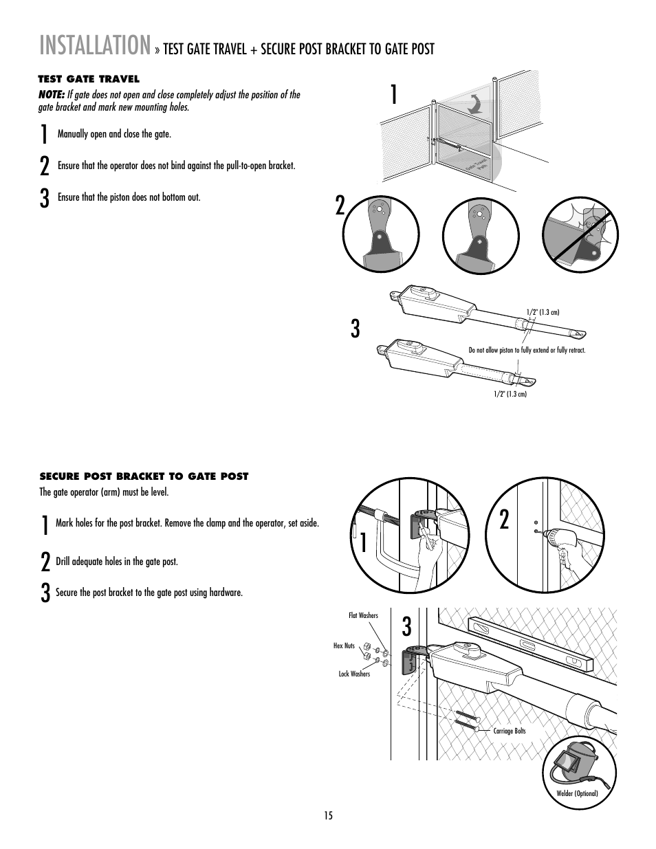 Test gate travel, Secure post bracket to gate post, Installation | LiftMaster LA412 Solar Powered Residential Gate Operator User Manual | Page 16 / 44