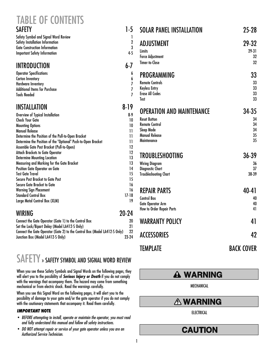 LiftMaster LA412 Solar Powered Residential Gate Operator User Manual | Page 2 / 44