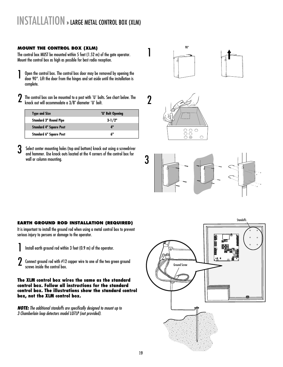 Large metal control box (xlm), Installation | LiftMaster LA412 Solar Powered Residential Gate Operator User Manual | Page 20 / 44