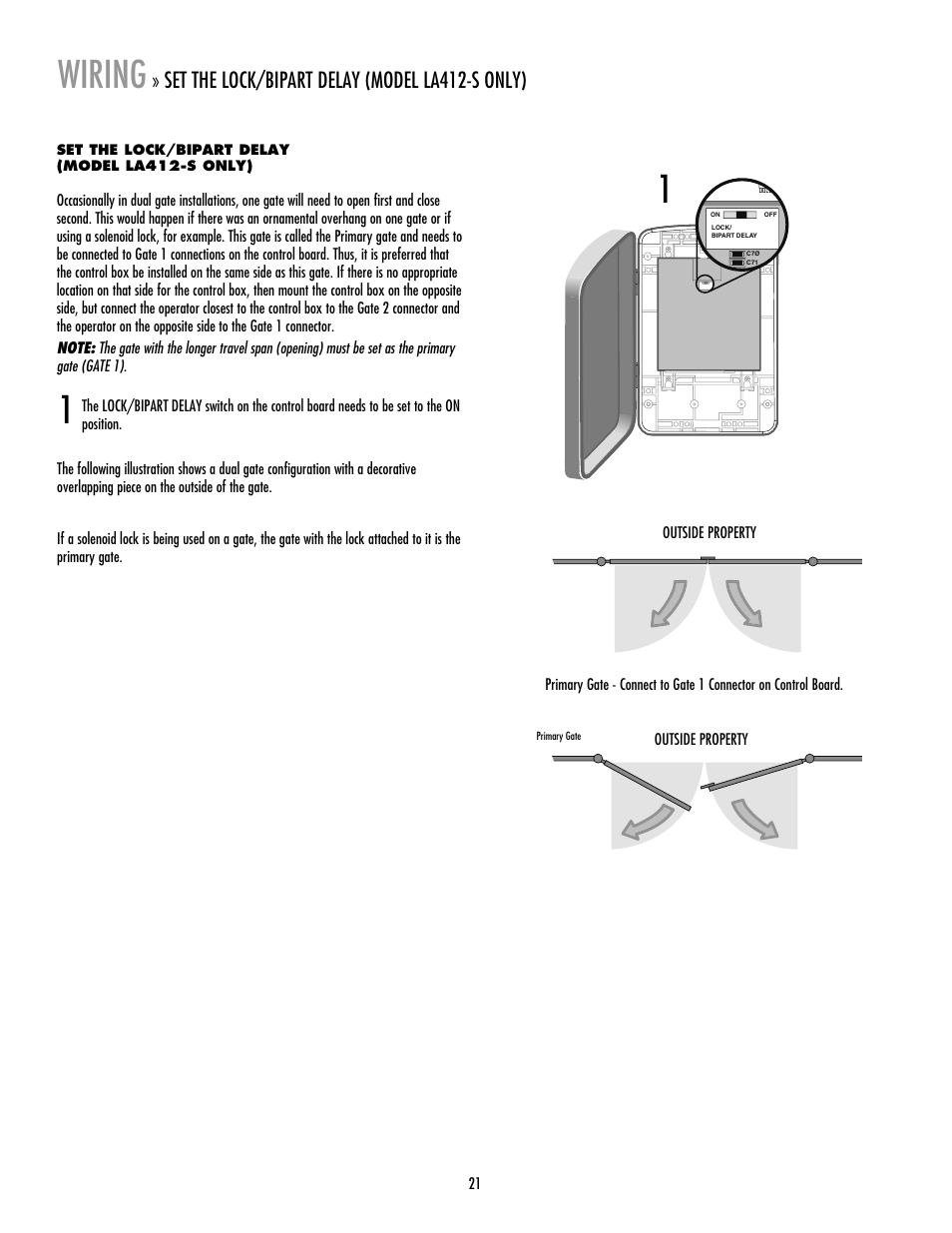 Set the lock/bipart delay (model la412-s only), 1wiring | LiftMaster LA412 Solar Powered Residential Gate Operator User Manual | Page 22 / 44