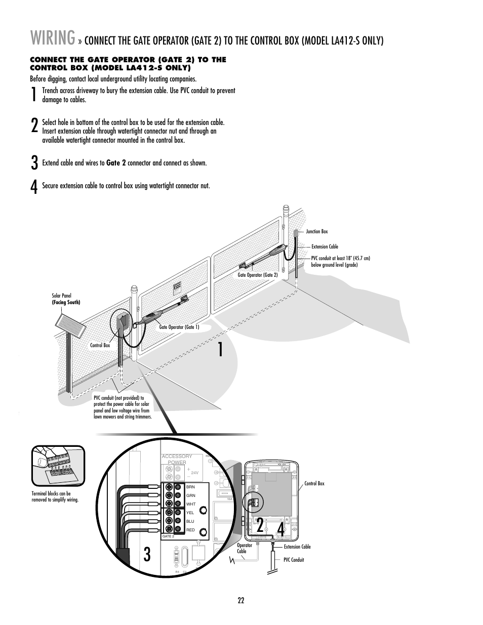 Wiring | LiftMaster LA412 Solar Powered Residential Gate Operator User Manual | Page 23 / 44