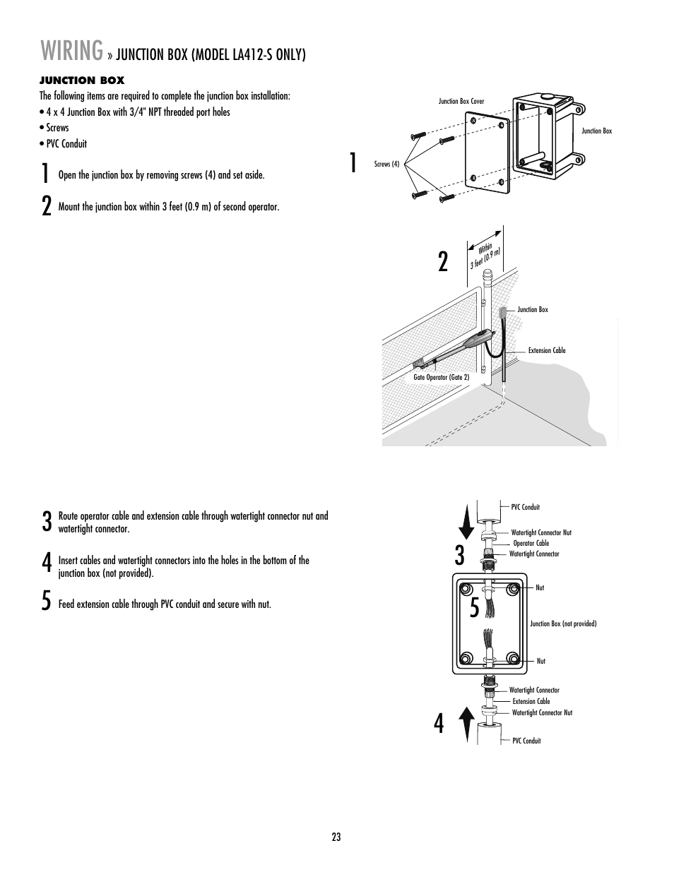 Junction box (model la412-s only), Wiring | LiftMaster LA412 Solar Powered Residential Gate Operator User Manual | Page 24 / 44
