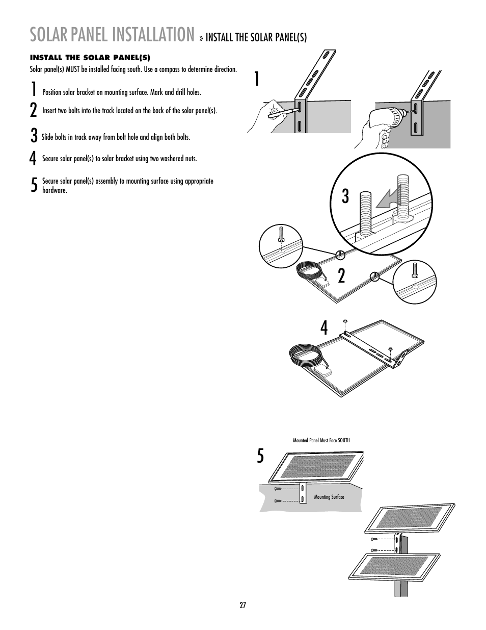 Solar, Panel installation | LiftMaster LA412 Solar Powered Residential Gate Operator User Manual | Page 28 / 44