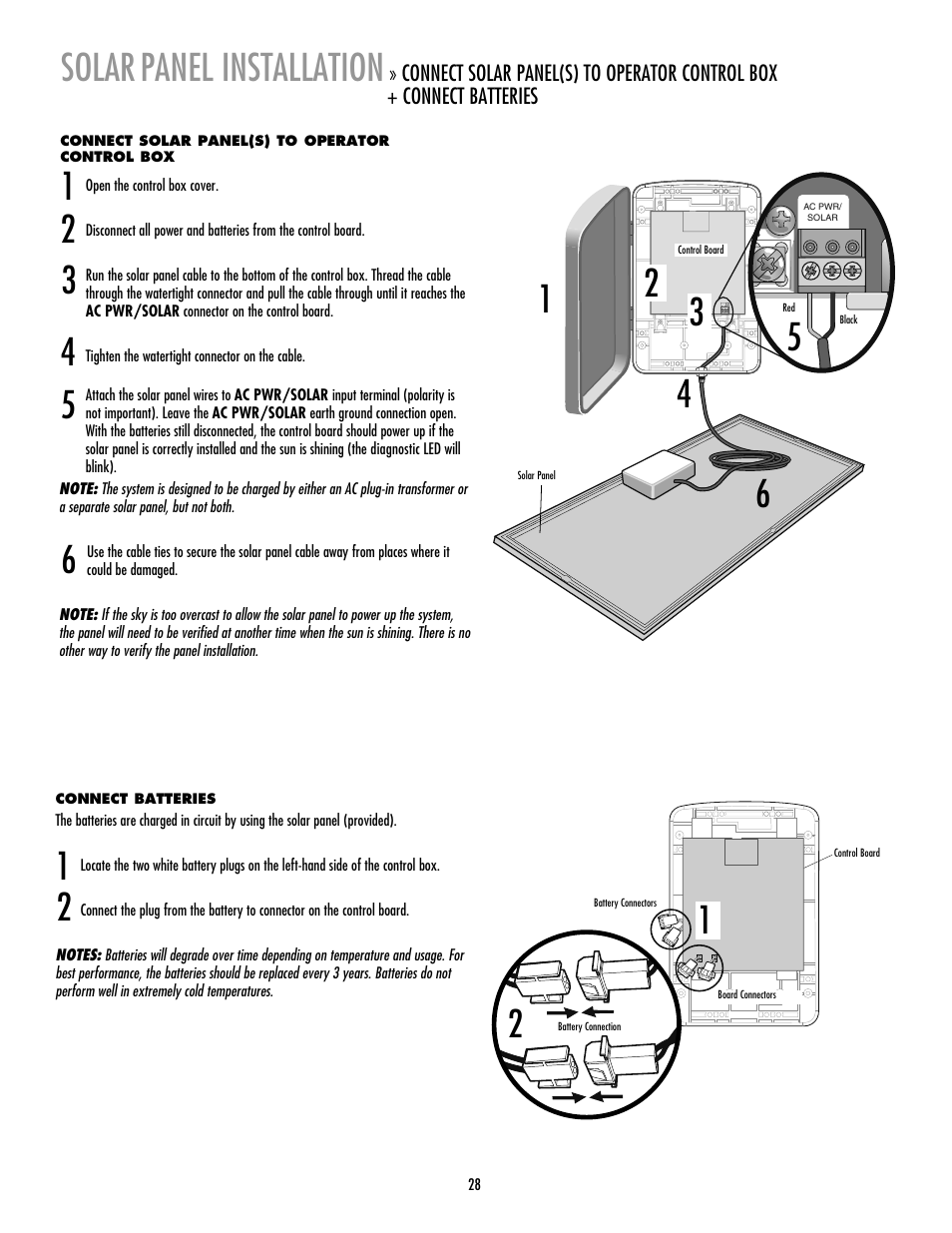Solar, Panel installation, Connect solar panel(s) to operator control box | Connect batteries | LiftMaster LA412 Solar Powered Residential Gate Operator User Manual | Page 29 / 44