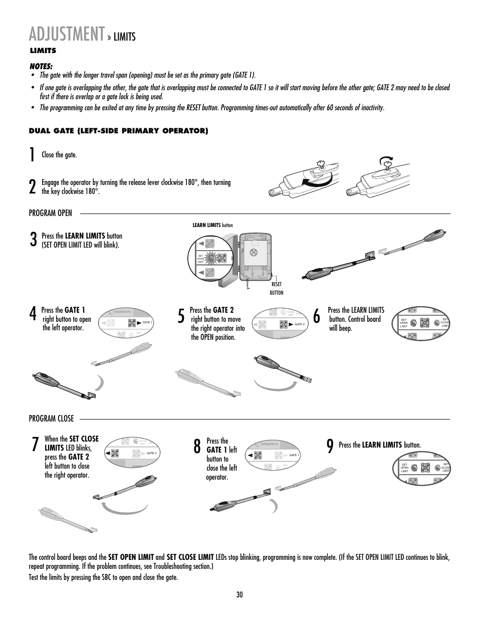Adjustment, Limits, Program open program close | LiftMaster LA412 Solar Powered Residential Gate Operator User Manual | Page 31 / 44