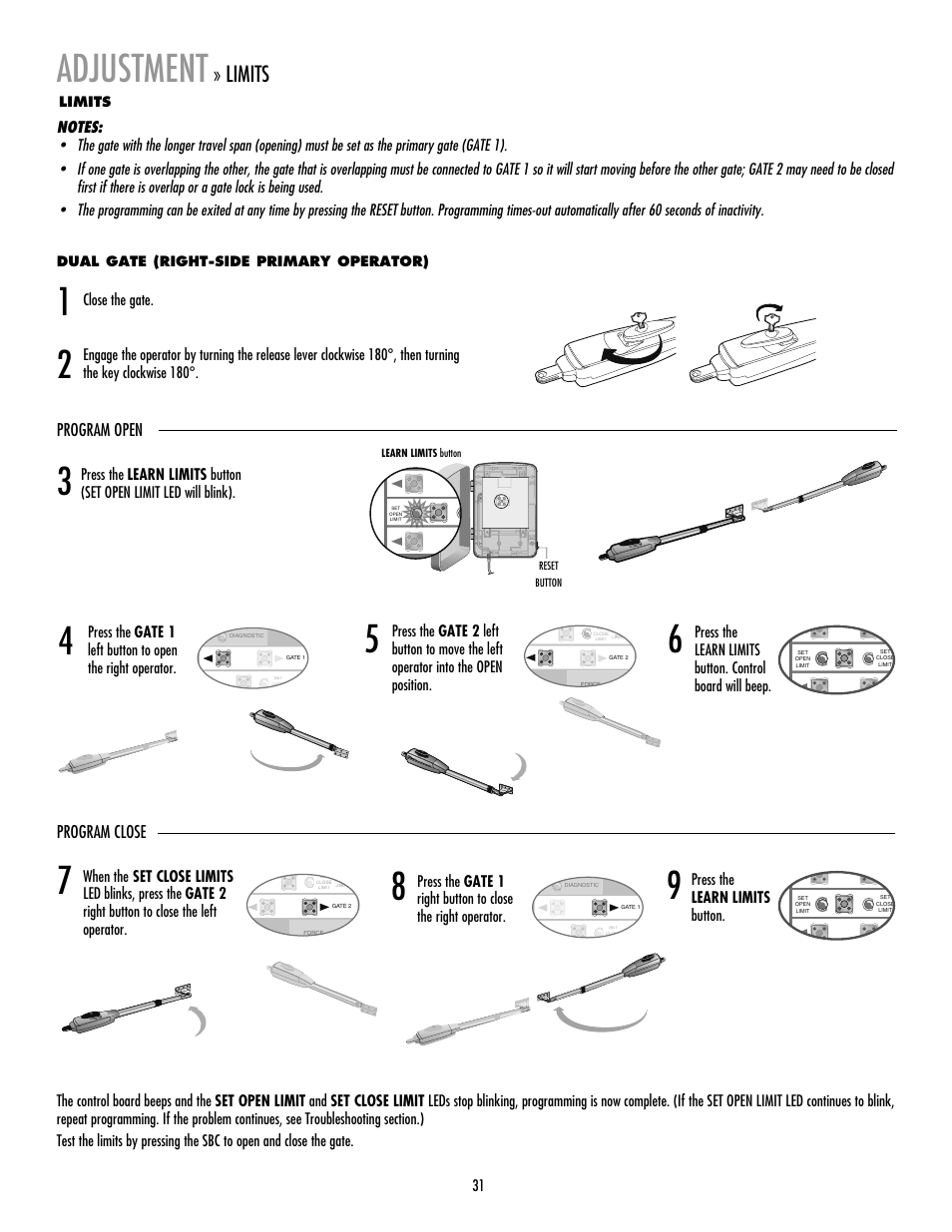 Adjustment, Limits, Program open program close | LiftMaster LA412 Solar Powered Residential Gate Operator User Manual | Page 32 / 44