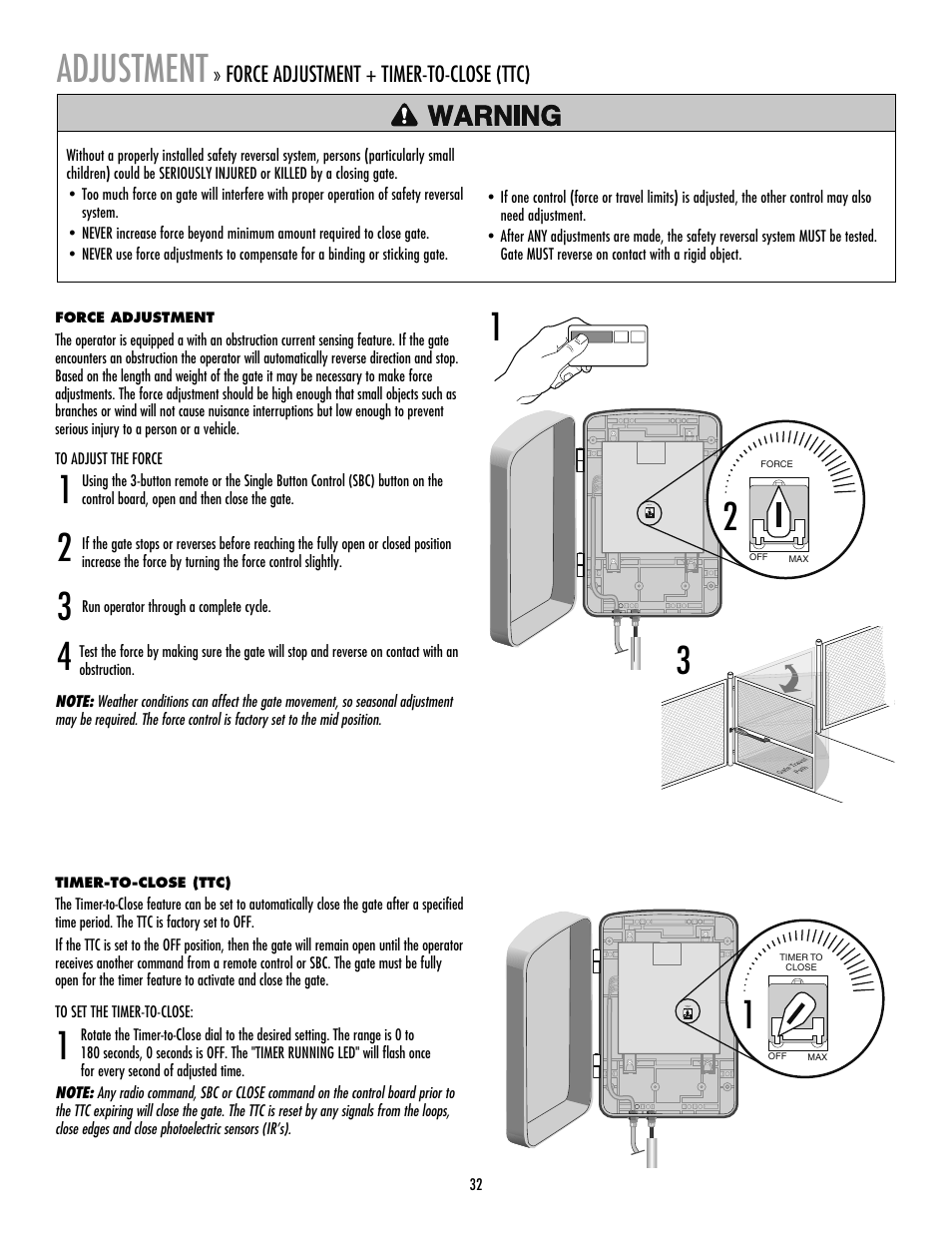 Force adjustment, Timer-to-close (ttc), Adjustment | LiftMaster LA412 Solar Powered Residential Gate Operator User Manual | Page 33 / 44