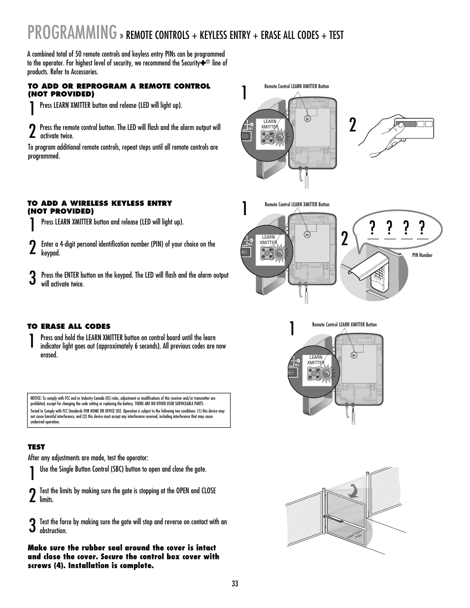 Programming, Remote controls, Keyless entry | To erase all codes, Test | LiftMaster LA412 Solar Powered Residential Gate Operator User Manual | Page 34 / 44