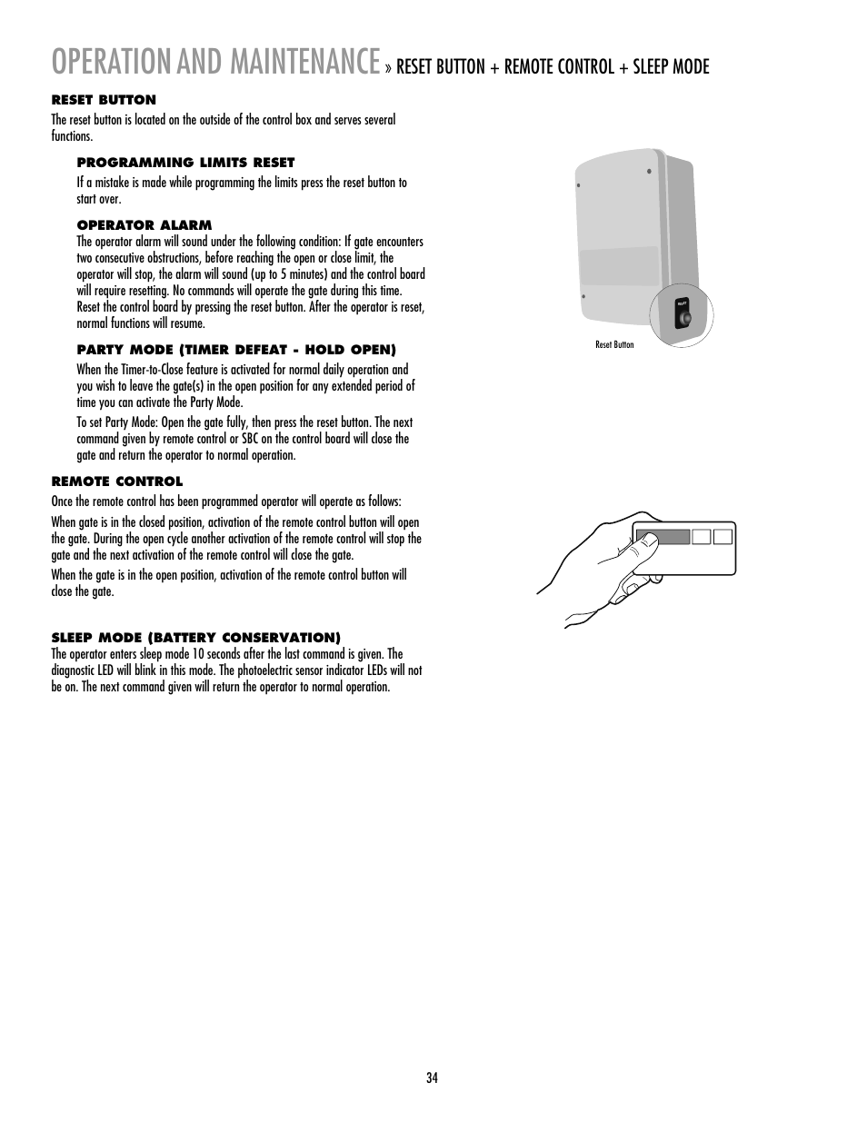Operation and maintenance, Reset button, Remote control | Sleep mode, Operation, And maintenance, Reset button + remote control + sleep mode | LiftMaster LA412 Solar Powered Residential Gate Operator User Manual | Page 35 / 44