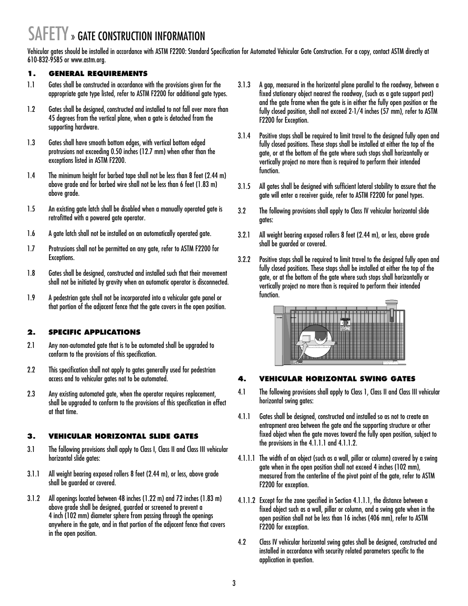 Gate construction information, Safety | LiftMaster LA412 Solar Powered Residential Gate Operator User Manual | Page 4 / 44