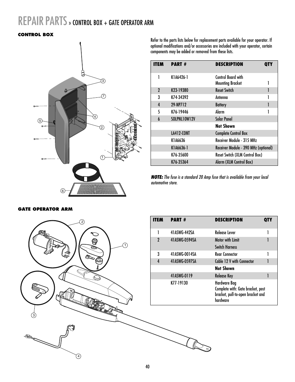Repair parts, Control box, Gate operator arm | Repair, Parts, Control box + gate operator arm | LiftMaster LA412 Solar Powered Residential Gate Operator User Manual | Page 41 / 44