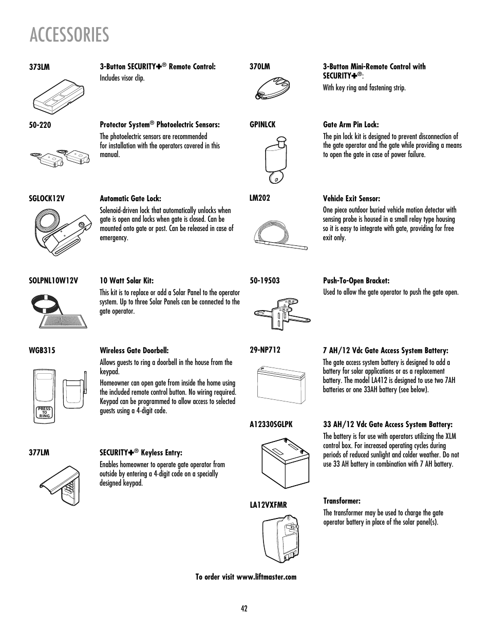 Accessories, 42 3-button security | LiftMaster LA412 Solar Powered Residential Gate Operator User Manual | Page 43 / 44