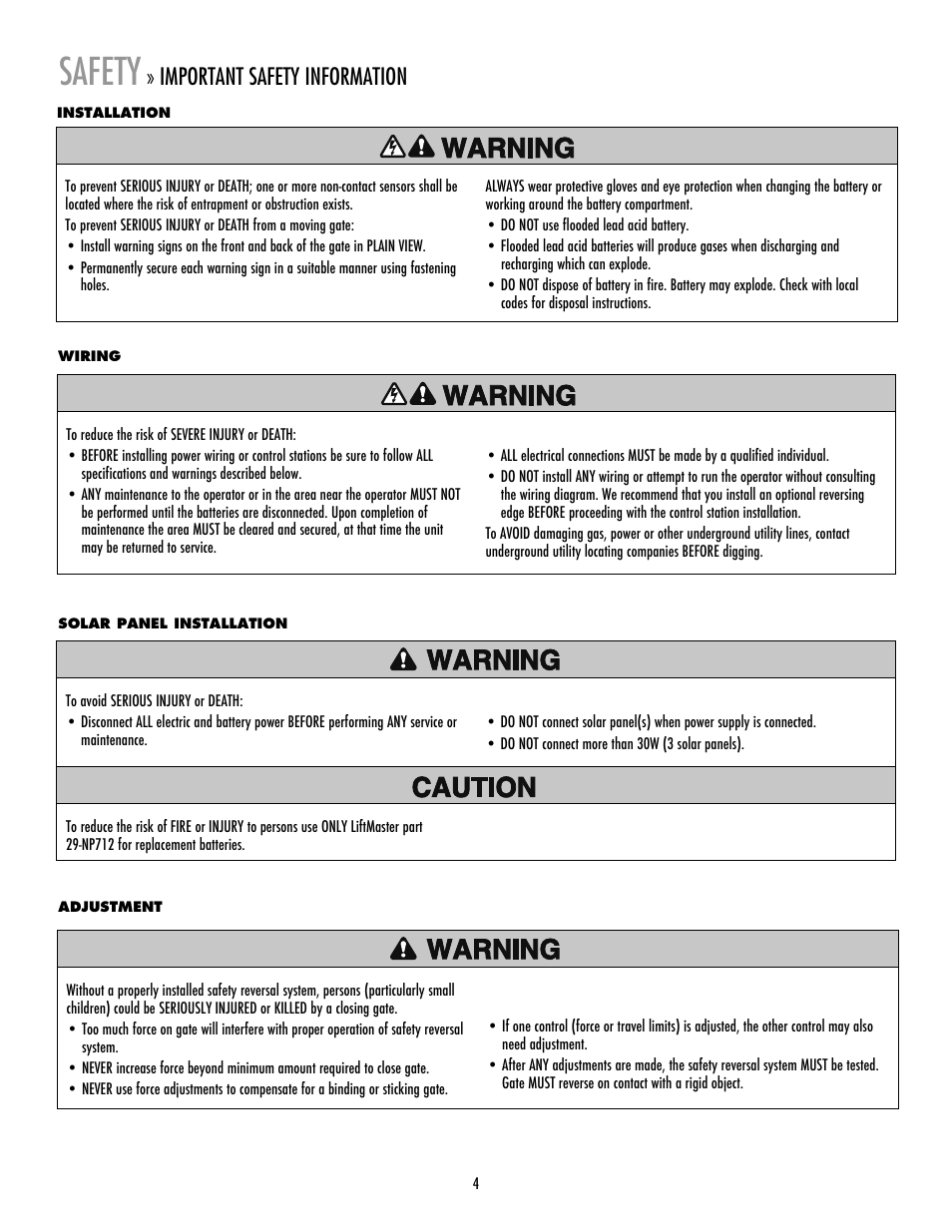 Important safety information, Safety | LiftMaster LA412 Solar Powered Residential Gate Operator User Manual | Page 5 / 44