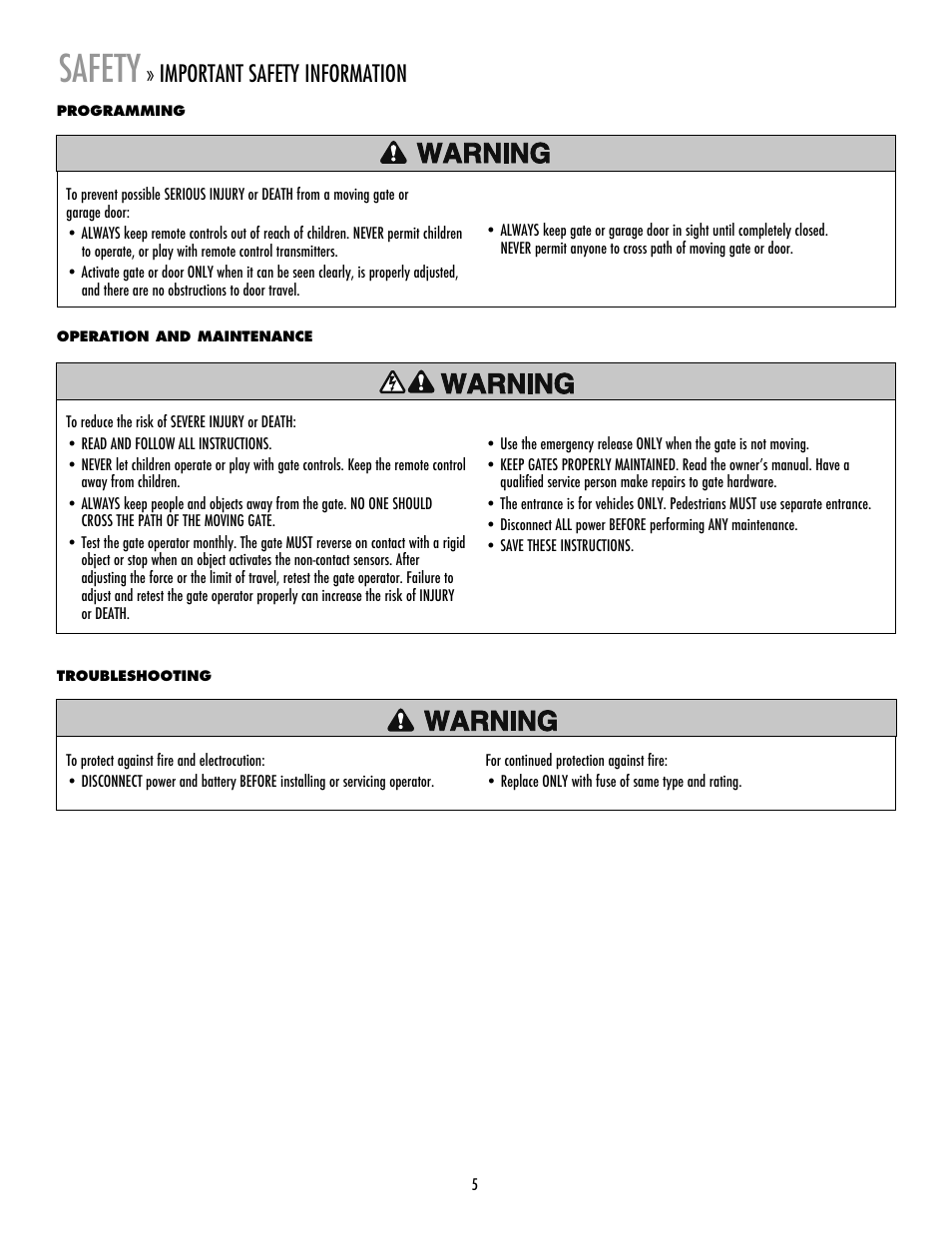 Safety, Important safety information | LiftMaster LA412 Solar Powered Residential Gate Operator User Manual | Page 6 / 44