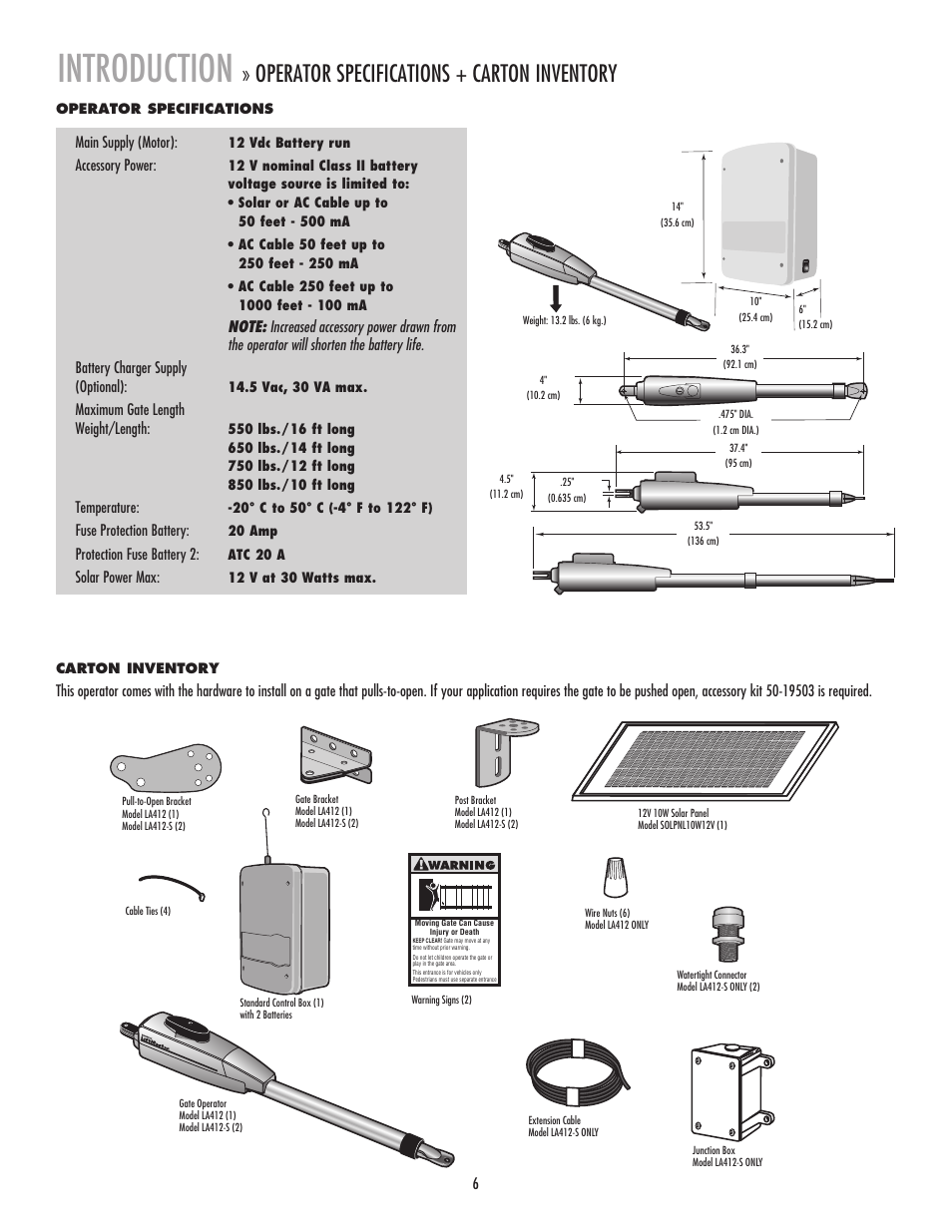 Introduction, Operator specifications, Carton inventory | Operator specifications + carton inventory | LiftMaster LA412 Solar Powered Residential Gate Operator User Manual | Page 7 / 44