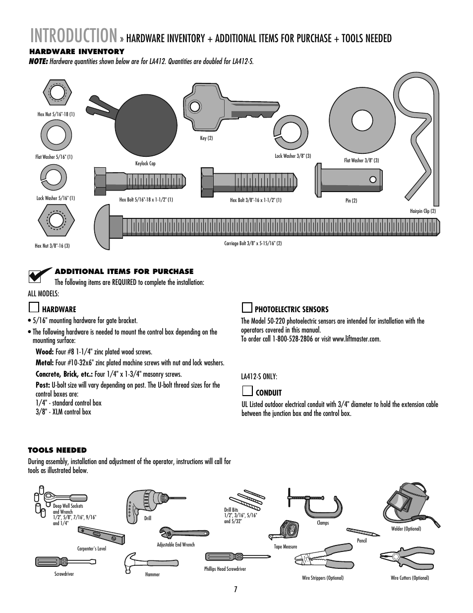 Hardware inventory, Additional items for purchase, Tools needed | Introduction | LiftMaster LA412 Solar Powered Residential Gate Operator User Manual | Page 8 / 44