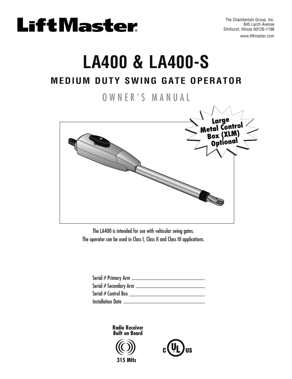 LiftMaster LA400 Residential DC Linear Gate Operator User Manual | 48 pages