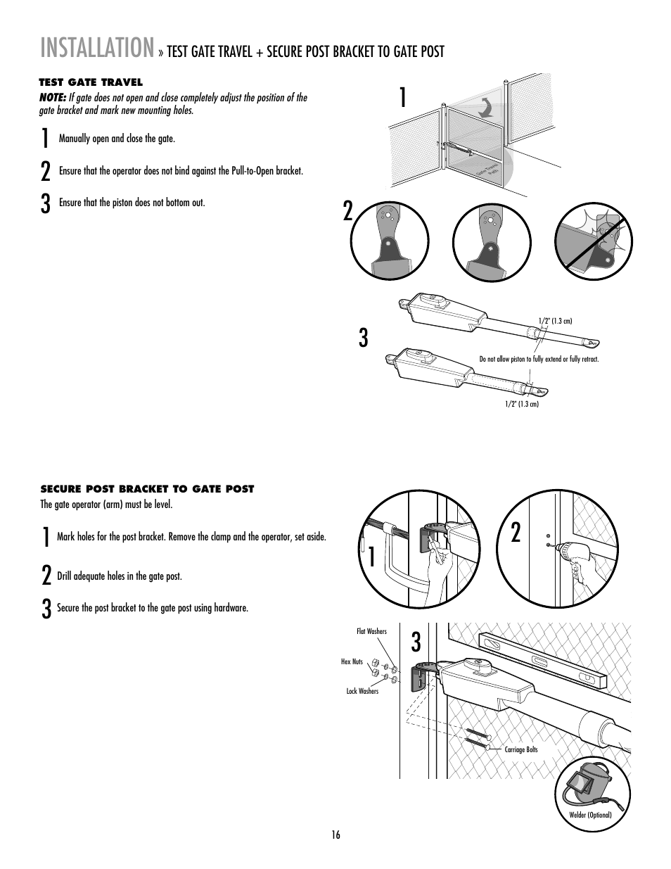 Test gate travel, Secure post bracket to gate post, Installation | LiftMaster LA400 Residential DC Linear Gate Operator User Manual | Page 17 / 48