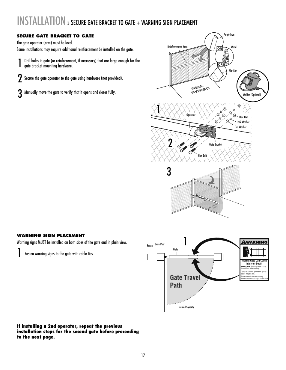 Secure gate bracket to gate, Warning sign placement, 1installation | Gate travel path | LiftMaster LA400 Residential DC Linear Gate Operator User Manual | Page 18 / 48