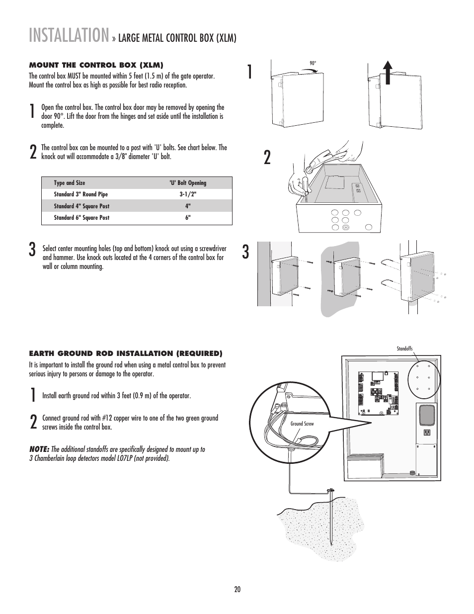 Mount the control box (xlm), Earth ground rod installation (required), Installation | Large metal control box (xlm) | LiftMaster LA400 Residential DC Linear Gate Operator User Manual | Page 21 / 48
