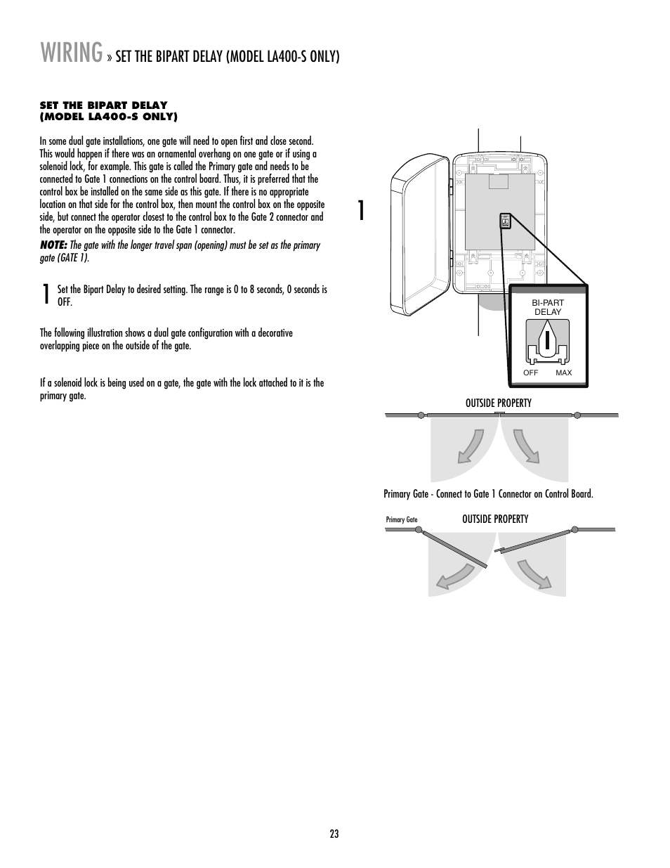 La400-s model only, Set the bipart delay (model la400-s only), 1wiring | LiftMaster LA400 Residential DC Linear Gate Operator User Manual | Page 24 / 48