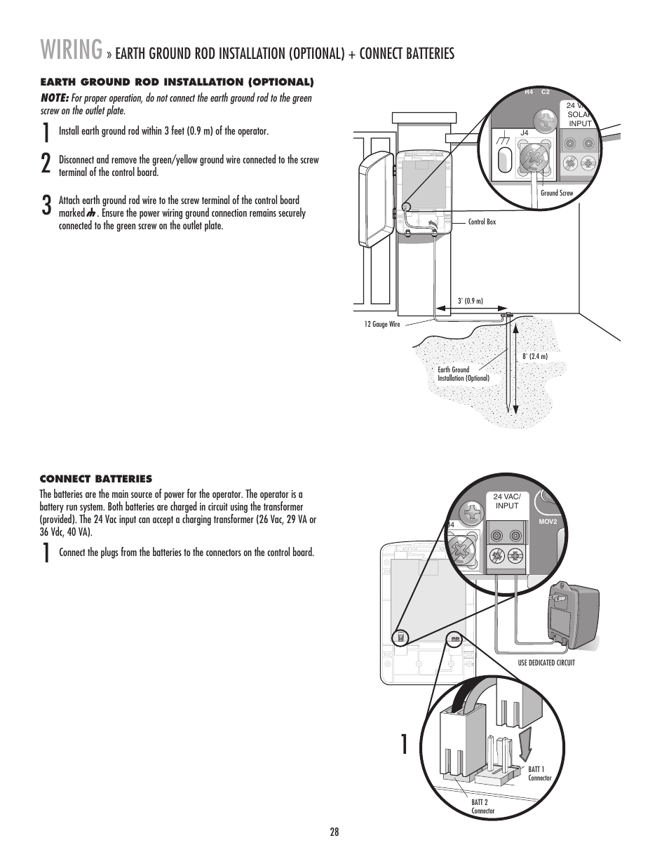 Earth ground rod installation (optional), Connect batteries, Wiring | LiftMaster LA400 Residential DC Linear Gate Operator User Manual | Page 29 / 48