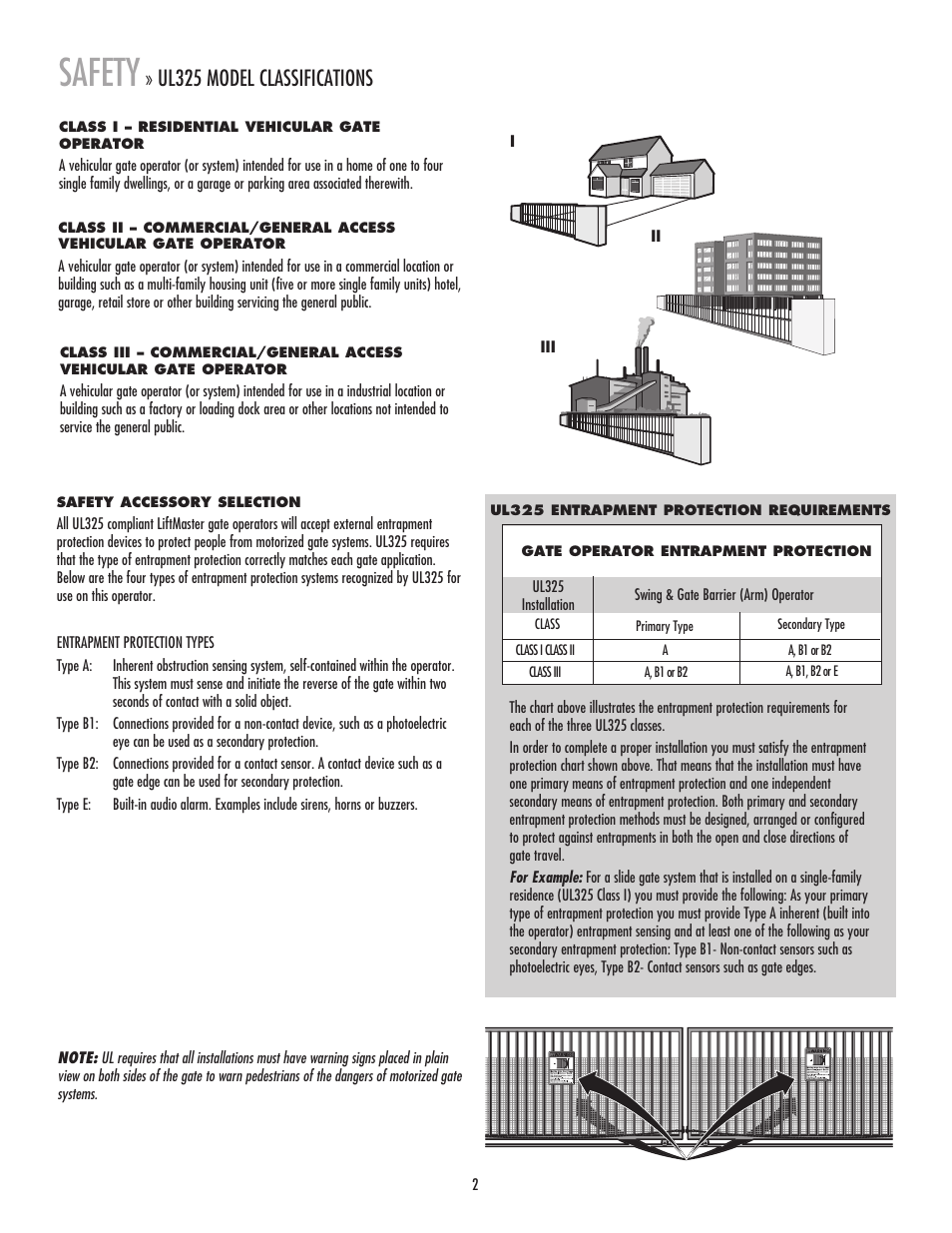 Ul325 model classifications, Safety | LiftMaster LA400 Residential DC Linear Gate Operator User Manual | Page 3 / 48