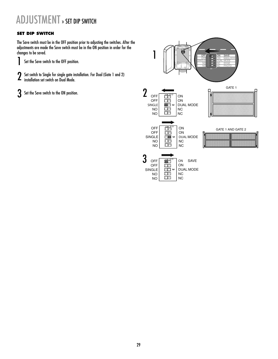 Adjustment, Set dip switch | LiftMaster LA400 Residential DC Linear Gate Operator User Manual | Page 30 / 48