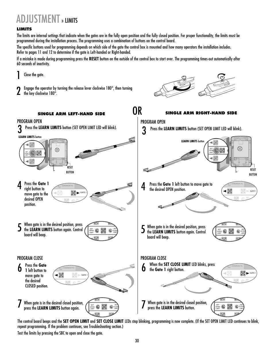 Limits, Single arm left-hand side, Single arm right-hand side | Adjustment | LiftMaster LA400 Residential DC Linear Gate Operator User Manual | Page 31 / 48
