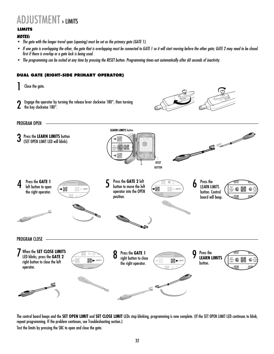 Dual gate (right-side primary operator), Adjustment, Limits | Program open program close | LiftMaster LA400 Residential DC Linear Gate Operator User Manual | Page 33 / 48