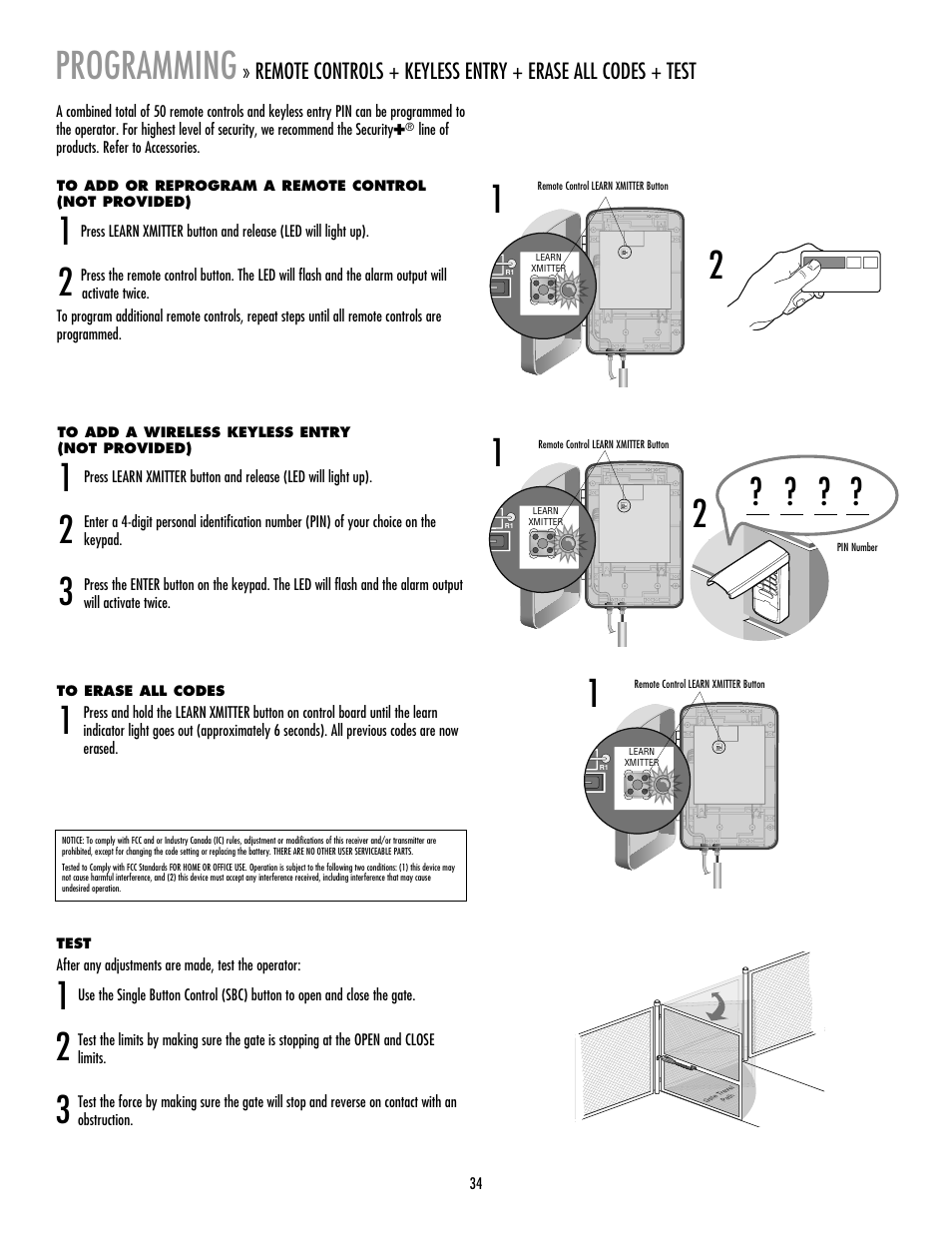 Programming, To add a wireless keyless entry (not provided), To erase all codes | Test | LiftMaster LA400 Residential DC Linear Gate Operator User Manual | Page 35 / 48