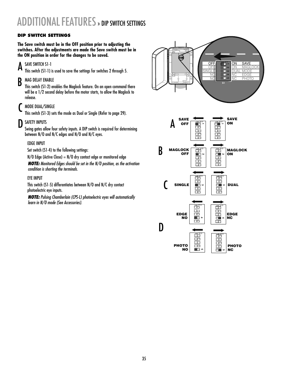 Additional features, Dip switch settings, Additional | Features | LiftMaster LA400 Residential DC Linear Gate Operator User Manual | Page 36 / 48
