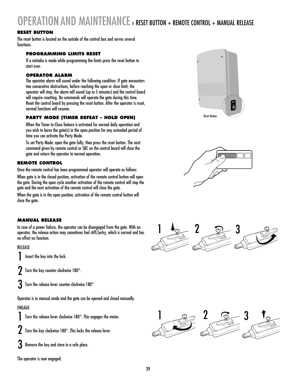 Operation and maintenance, Reset button, Programming limits reset | Operator alarm, Party mode (timer defeat - hold open), Remote control, Manual release, Operation, And maintenance | LiftMaster LA400 Residential DC Linear Gate Operator User Manual | Page 40 / 48