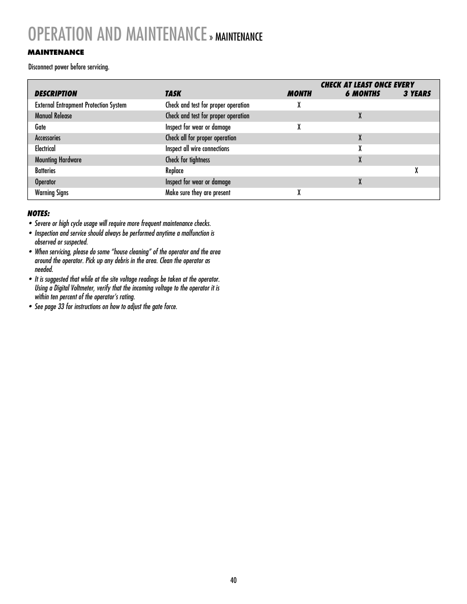 Maintenance, Operation and maintenance | LiftMaster LA400 Residential DC Linear Gate Operator User Manual | Page 41 / 48
