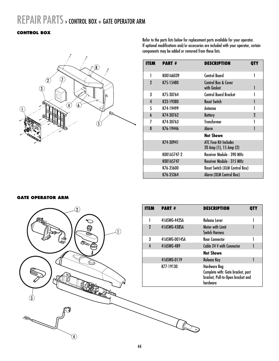 Repair parts, Control box, Gate operator arm | Repair, Parts, Control box + gate operator arm | LiftMaster LA400 Residential DC Linear Gate Operator User Manual | Page 45 / 48