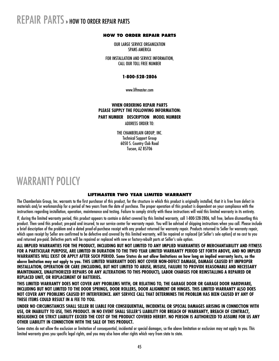 How to order repair parts, Warranty policy, Repair parts | Warranty, Policy | LiftMaster LA400 Residential DC Linear Gate Operator User Manual | Page 46 / 48