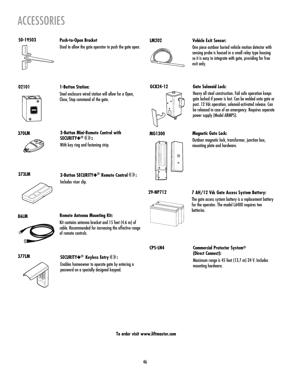 Accessories | LiftMaster LA400 Residential DC Linear Gate Operator User Manual | Page 47 / 48