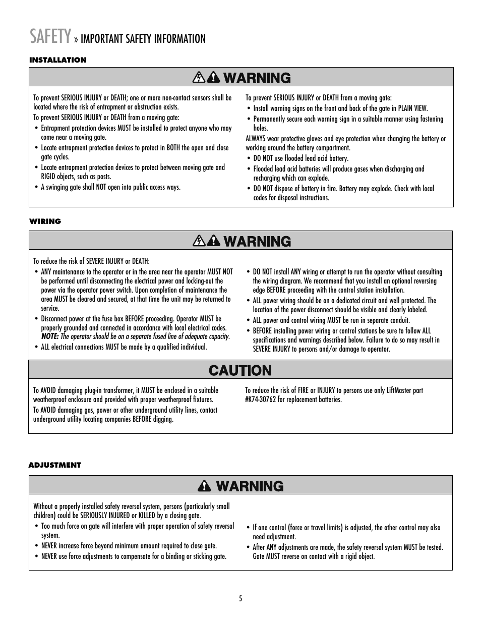 Important safety information, Installation, Wiring | Adjustment, Safety | LiftMaster LA400 Residential DC Linear Gate Operator User Manual | Page 6 / 48