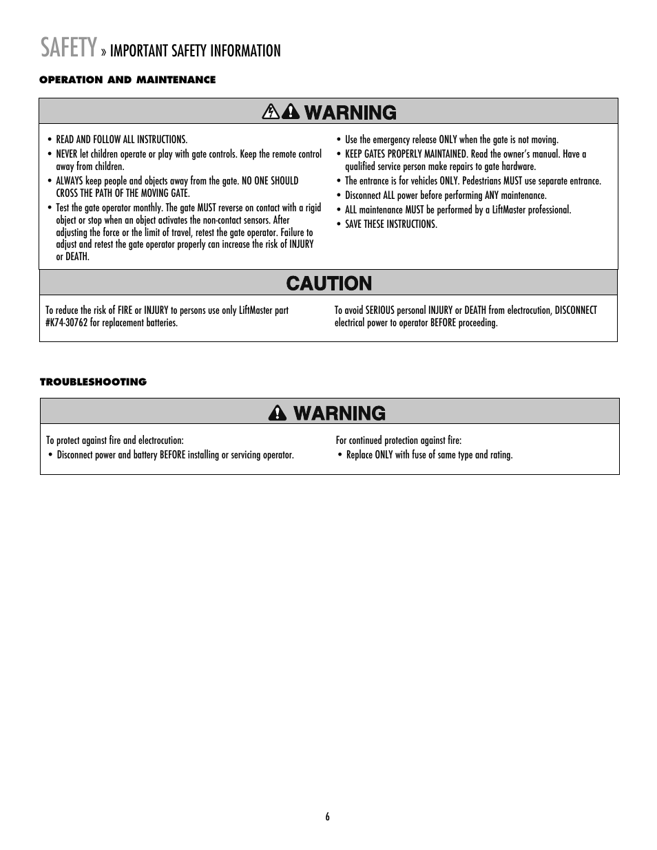 Operation and maintenance, Troubleshooting, Safety | Important safety information | LiftMaster LA400 Residential DC Linear Gate Operator User Manual | Page 7 / 48