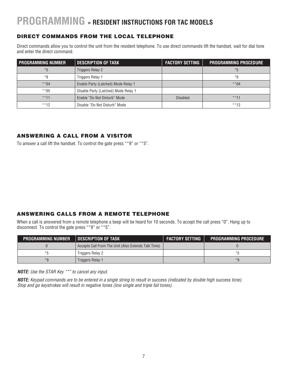 Resident instructions for tac models, Programming | LiftMaster TAC2D TAC Retrofit System for *1812 User Manual | Page 7 / 8