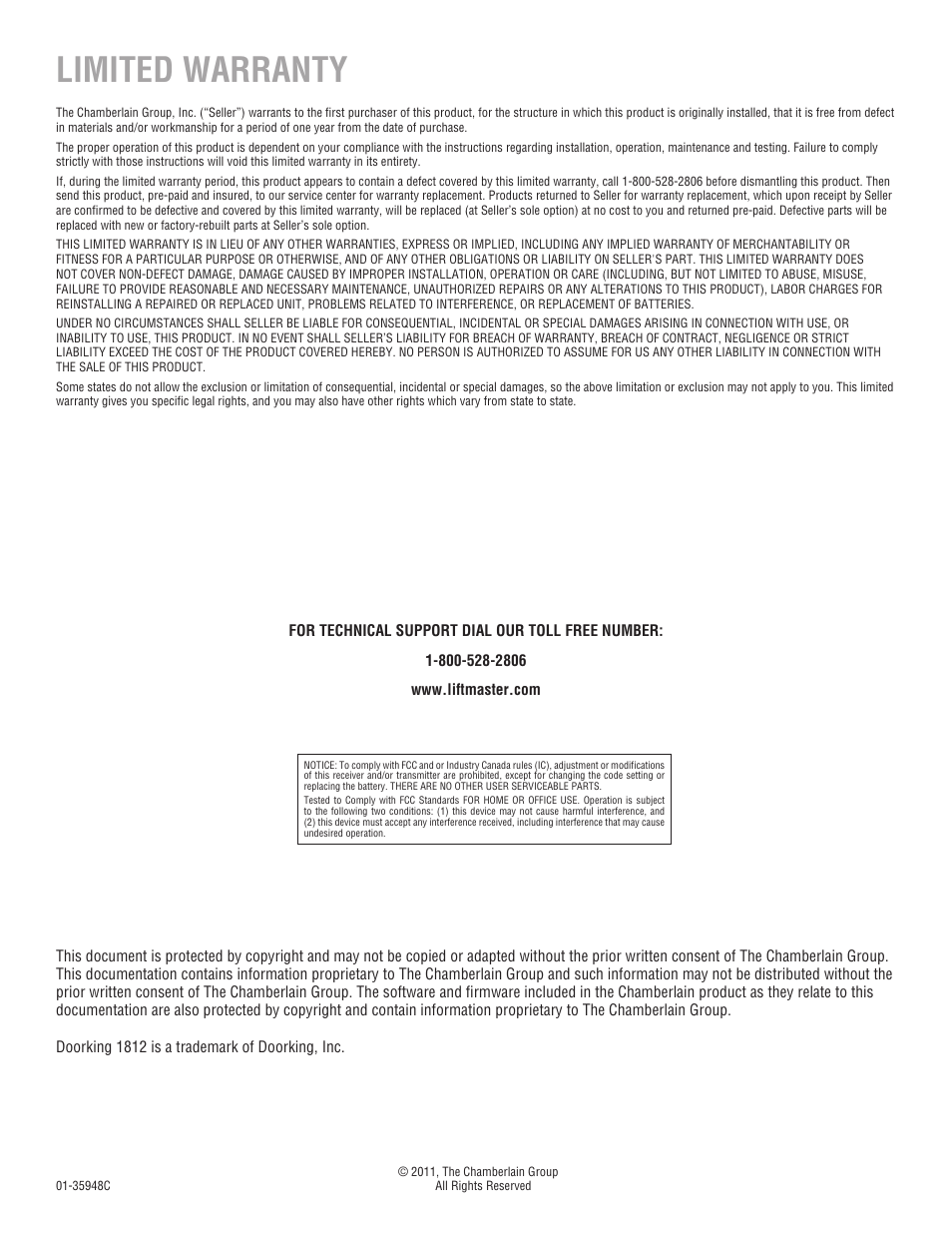 Warranty, Technical support, Limited warranty | LiftMaster TAC2D TAC Retrofit System for *1812 User Manual | Page 8 / 8