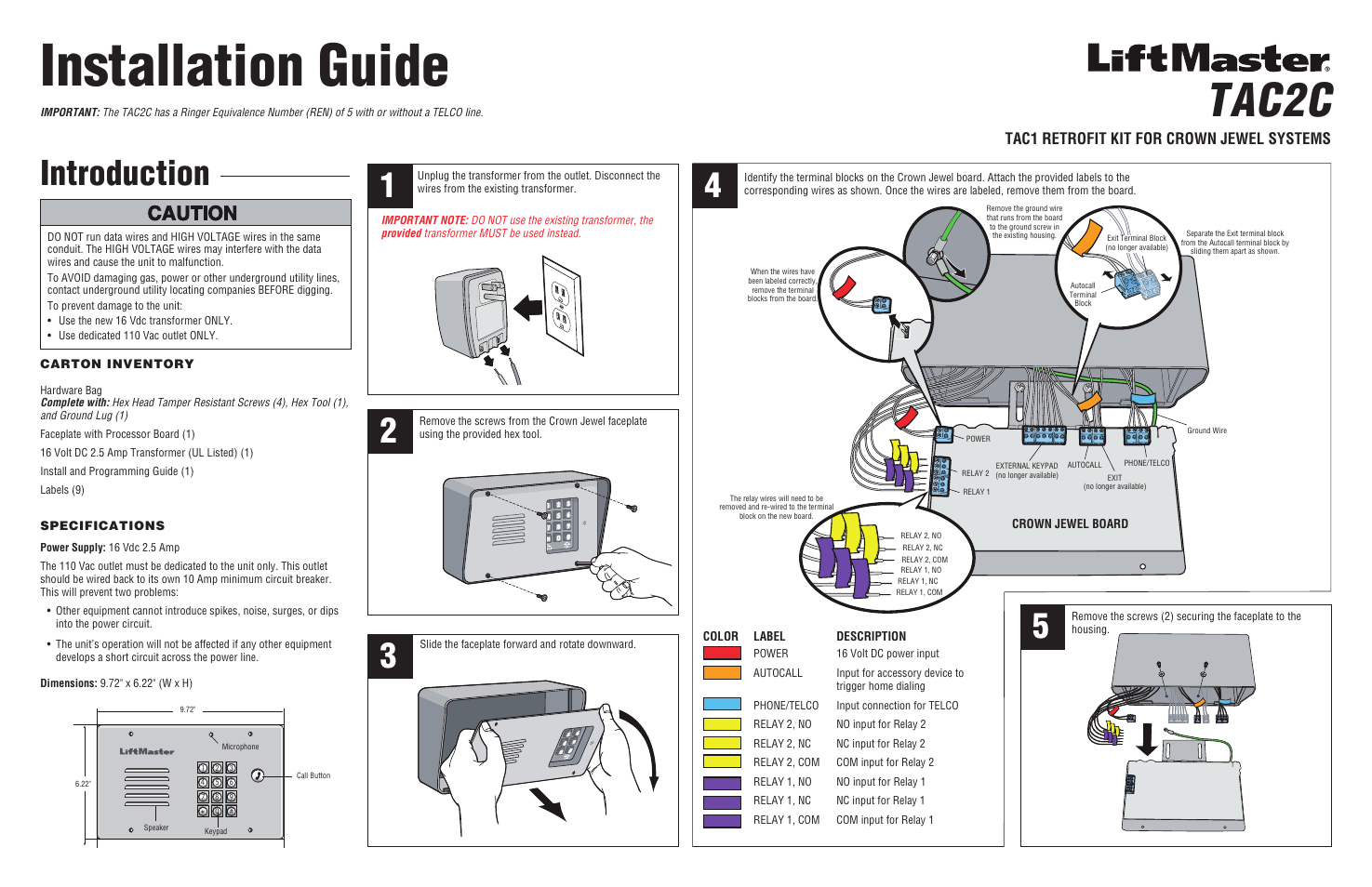 LiftMaster TAC2C Single Tenant Telephone Access Control Retrofit System User Manual | 2 pages