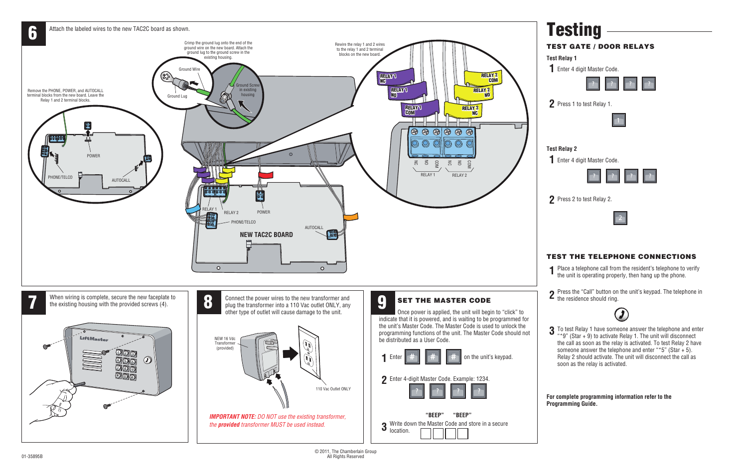 Testing, 67 9 testing | LiftMaster TAC2C Single Tenant Telephone Access Control Retrofit System User Manual | Page 2 / 2