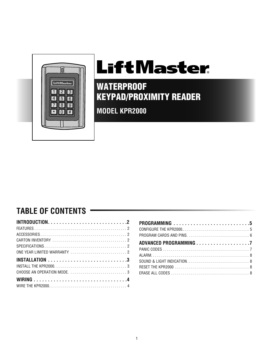 LiftMaster KPR2000 Single Entry Access Control Keypad and Proximity Reader User Manual | 8 pages